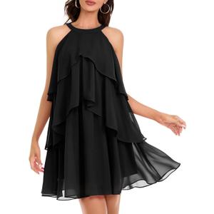 DRESSTELLS Women's Cocktail Ruffle Tiered Dresses, Formal Wedding Guest Holiday Party Halter Mini Dress (Black, L)