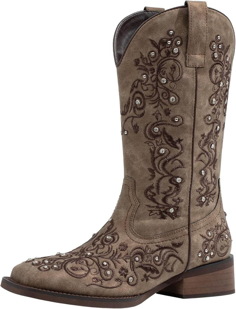 SheSole Womens Western Cowgirl Boots Fashion Rhinestone Square Toe Ladies Cowboy Boots Mid Calf (10, Brown)
