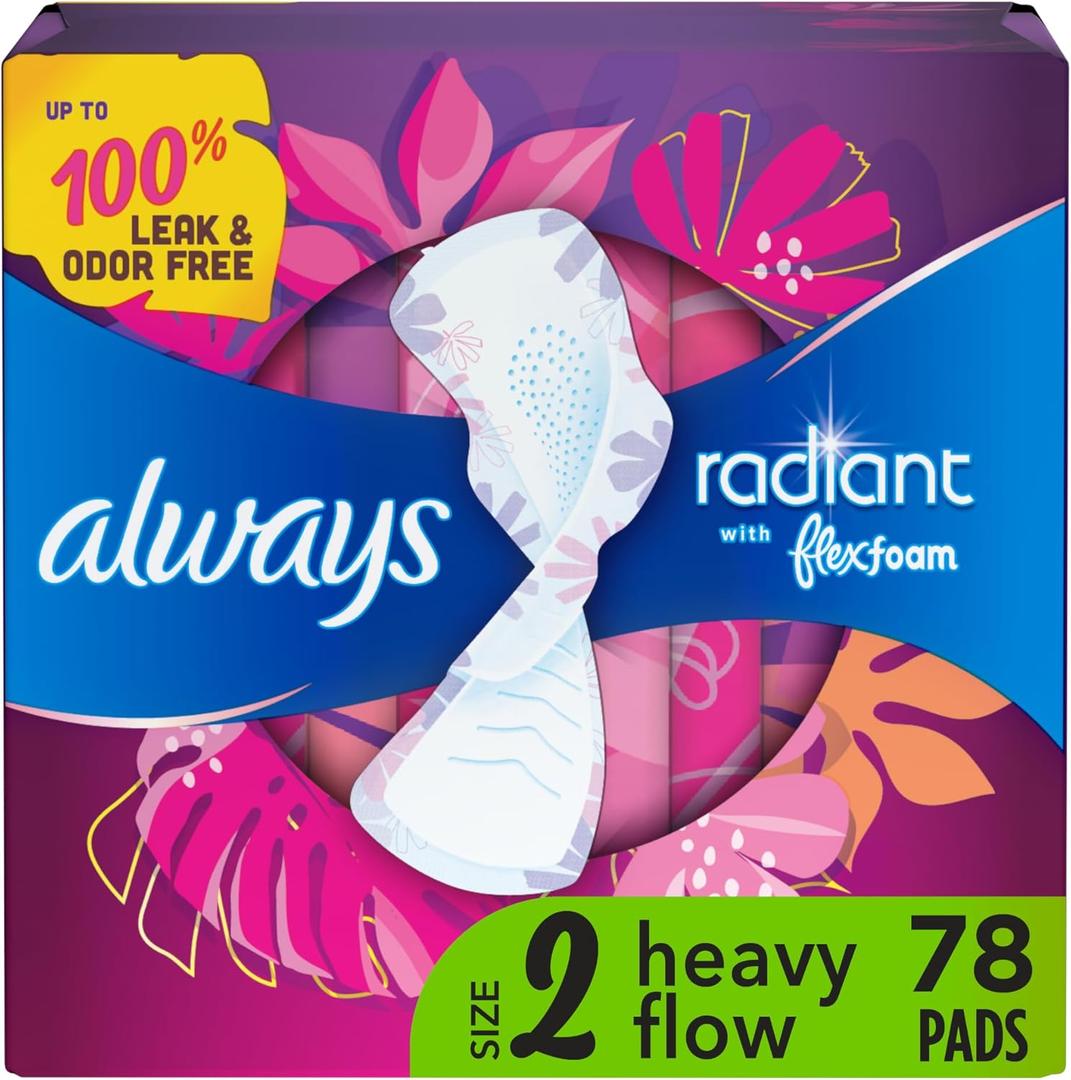 Always Radiant Feminine Pads for Women, Flexfoam Pads with Wings, Size 2, Heavy Absorbency, Lightly Scented, 26 Count x 3 Packs (78 Count total) (Packaging May Vary) (Heavy (Size 2))