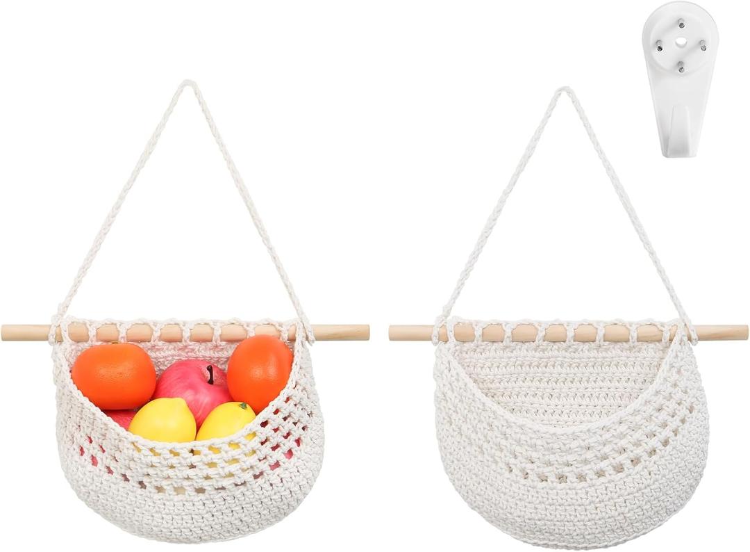 Hanging Baskets for Organizing, 18x11 Inch Wall Hanging Fruit Basket Over the Door Organizer for Fruit Vegetable Plant, Beige Boho Cotton Crocheted Fruit Holder for Kitchen Bathroom Bedroom