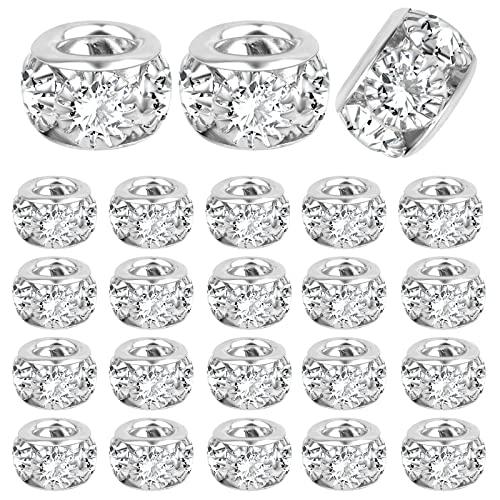 BronaGrand 40 Pieces 8mm Large Hole Rhinestone Beads Crystal Rondelle Spacer Beads Loose Charm Beads for European Bracelet DIY Jewelry Making, Silver