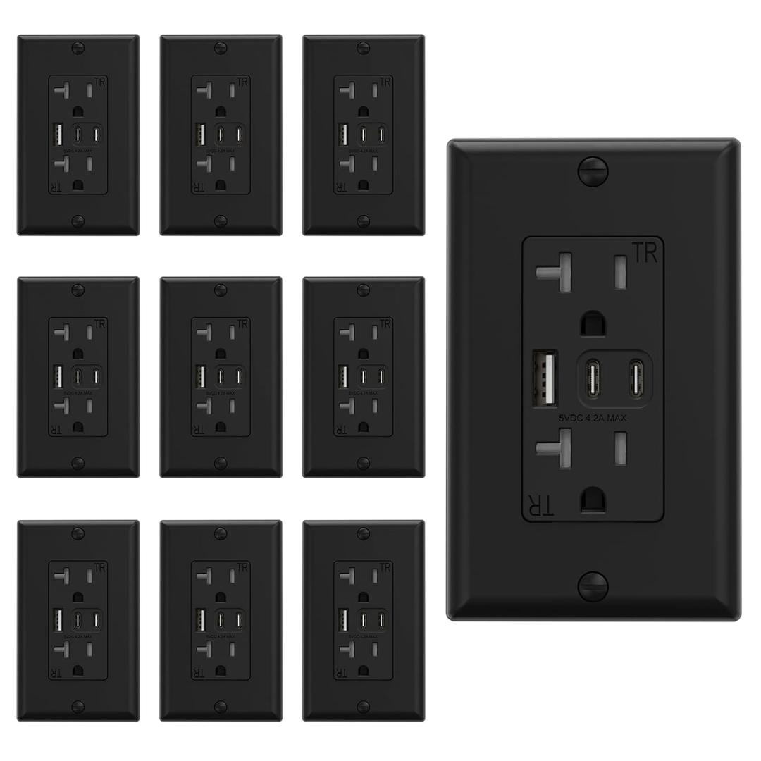 ELEGRP USB Outlets, 20 Amp Wall Outlet with 3 USB Ports, Dual USB C Ports Outlets, TR Tamper-Resistant USB Outlets Receptacles, Wall Plate Included, UL/CUL Listed, 10 Pack, Black