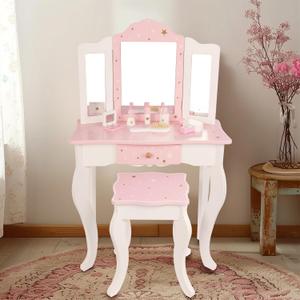 Kids Wooden Play Vanity Set with Vanity Table and 6 pcs Makeup Accessories, Tri-Fold Mirror, Storage Drawer and Matching Stool, Beauty Makeup Vanity Table and Chair Set for Toddlers (Pink), 19 inches x 12 inches x 37 inches