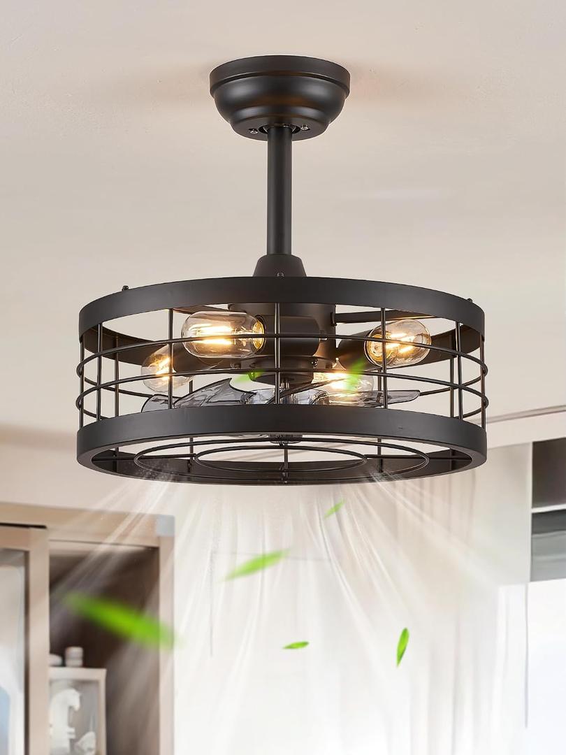 LEDIARY 16.5 inch Black Caged Ceiling Fan with Light, Fandelier Industrial Ceiling Fan with Remote, Farmhouse Fan Lights Ceiling Fixtures for Kitchen, Bedroom, Outdoor6 Speed, Timing-Black