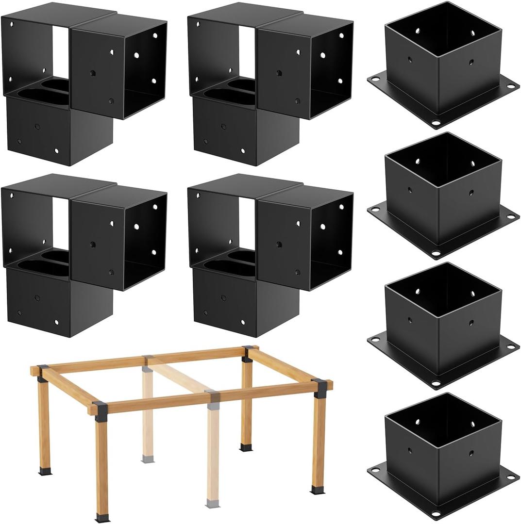 8PCS 4x4 Post Bracket, 4x4 Brackets for pergola kit, Deer Stand, Outdoor Platform, Play Sets, Tree House, Pergola Brackets 3-Way Right Angle Corner Bracket Woodworks DIY Post Base Kit