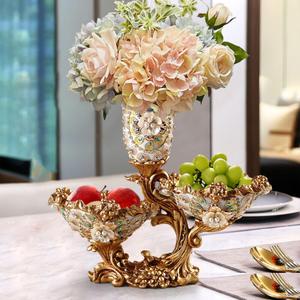 2 Tiered Fruit Bowl for Kitchen Counter, Resin Fruit Basket Plate for Fruit Vegetable Storage Snack Tray Decor with Vase Gold & White (Not Include Artificial Flowers) (White & Gold)