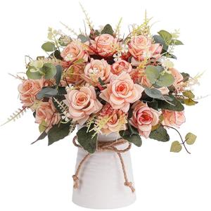 LESING Artificial Silk Rose with Vase Fake Flowers Wedding Flowers Bouquets Arrangement Home Office Party Centerpiece Table Decoration (Pink) LESING Artificial Silk Rose with Vase Fake Flowers Wedding Flowers Bouquets Arrangement Home Office Party Centerpiece Table Decoration (Pink)