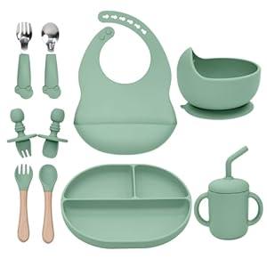 SILI FACTORY Silicone Baby Feeding Set 10Pcs, Toddler Plates with Suction Baby Bowls, Silicone Bibs for Babies, Self Feeding Cup Spoon & Fork, Baby Utensils Feeding Essentials for Starting Solids Green