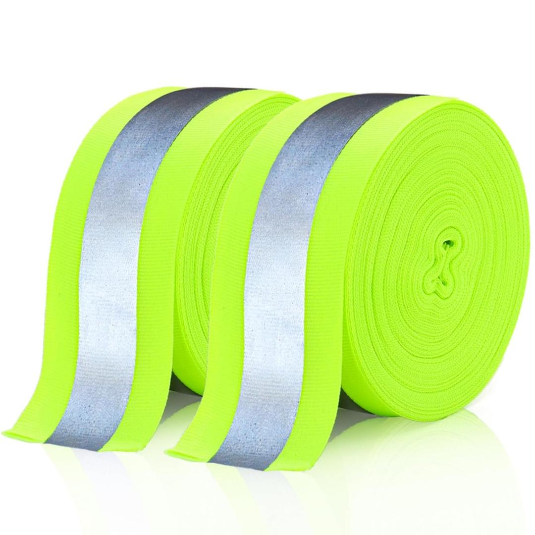 2 Rolls 2" x 66ft Reflective Ribbon, High Visibility Reflective Tape Strip, Sew On Safety Fabric Material, Silver Florescent Warning Strip Webbing for Walking Cycling Clothes Backpacks at Night