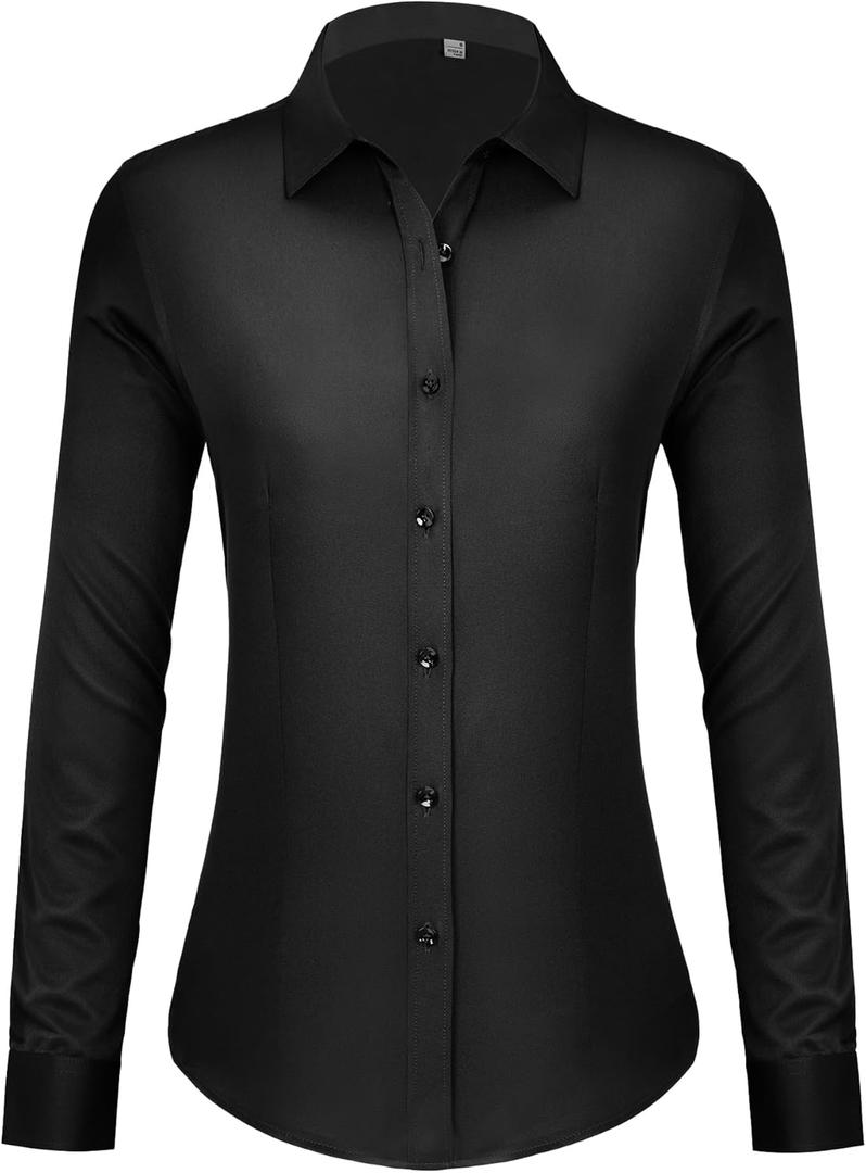 Women's Button Down Shirts Long Sleeve Dress Shirts Collared Fitted Work Office Blouse Tops Wrinkle Free (X-Large, Black)