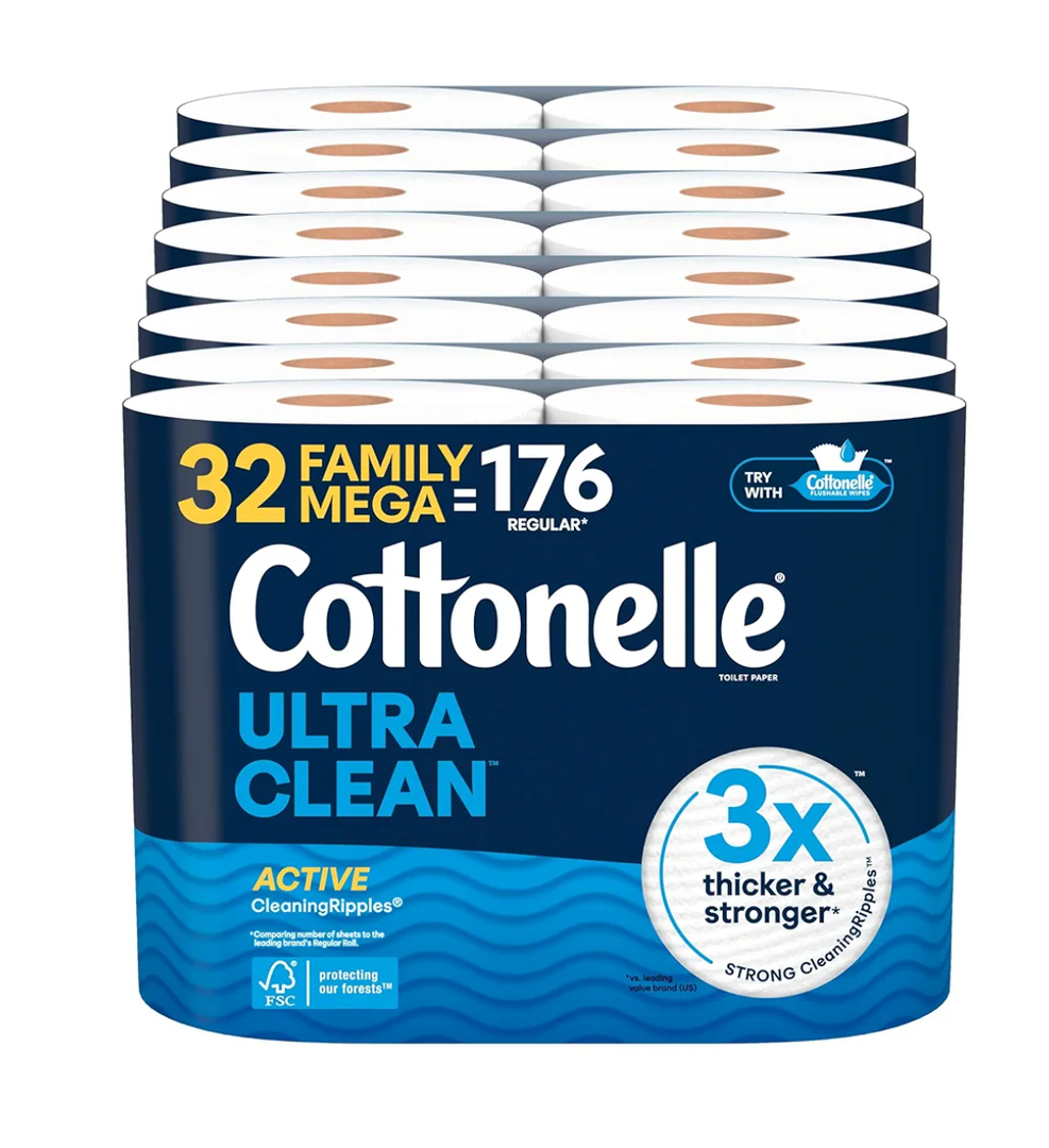 Cottonelle Ultra Clean Toilet Paper with Active CleaningRipples Texture, Strong Bath Tissue, 32 Family Mega Rolls = 176 Regular Rolls (8 Packs of 4)