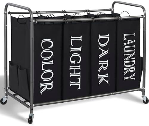 STORAGE MANIAC Laundry Sorter 4 Section, 47.8 Gal (181 L) Laundry Hamper with Wheels, Clothes Divider Basket Sorter, Clothes Separator Hamper Cart with Wheels and Removable Bags, Label Black