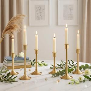 Gold Taper Candle Holders Set of 6 with Anti-Slip Pad Vintage Small Low Metal Candles Metal Candelabra Set for Weddings, Dinners & Parties, 3 Sizes (6, Lengthen Gold)