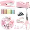 Pink Office Supplies, UPIHO Pink Desk Accessories, Stapler and Tape Dispenser Set for Women with Stapler, Tape Dispenser, Staple Remover, Staples, Clips, Scissor and Tabs,Gift for Students, Coworkers