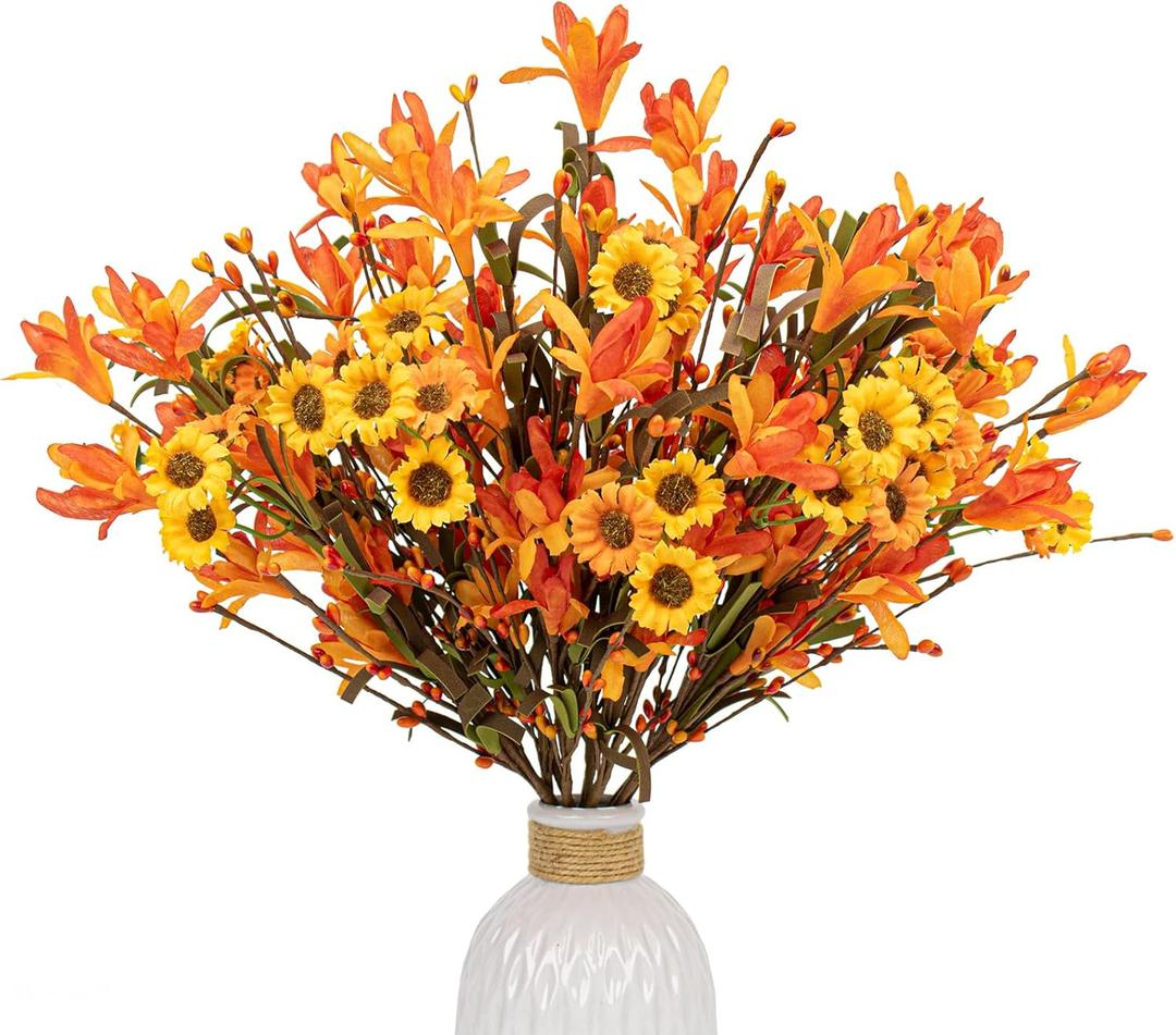 12 PCs Artificial Fall Flowers 17 inches Autumn Flower Arrangements Fall Floral Stems with Daisy Forsythia Flowers Berry Branch for Vase Party Indoors Table Centerpieces