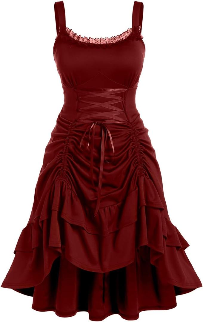 ROSE GAL Women Plus Size Victoria Gothic Lace Trim Lace-up Ruffled Cinched Ruched High Low Midi Dress (4X, Red_1)
