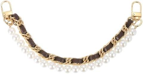 uxcell 10.2'' Pearl Purse Double Chain, Metal Purse Extender Chain, PU Leather Double Handle Wrist Chain, Purse Handbag Strap Replacement Chain (Coffee, Gold Chain)