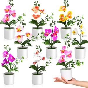 8 Pack Artificial Orchid Flowers Mini Potted Orchids Fake Orchids with Plastic Vase for Table Centerpiece Home Office Wedding Desktop Decoration (8 Colors)