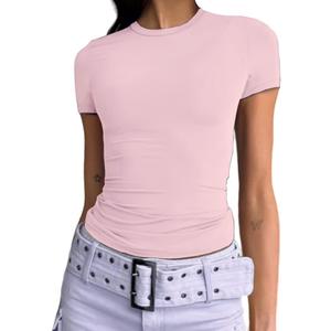 Dwnval Womens Classic Short Sleeve Summer TOS Crew Neck Slim Fit Crop T Shirt (Pink, M)