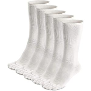 ZAKASA Mens Toe Socks Athletic Running Cushion Five Finger Cotton Crew Socks (11-13, White-5 Pairs)