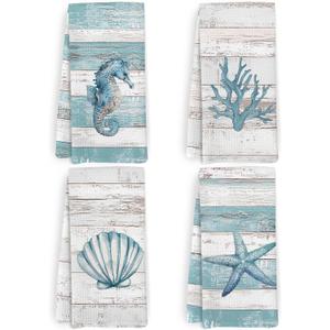 Beach Coastal Kitchen Towels and Dishcloths Set of 4, Lake House Nautical Beachy Dish Towels, Starfish Seahorses Coral Seashell Decorative Hand Tea Towel for Bathroom Kitchen, 16x24 Inches