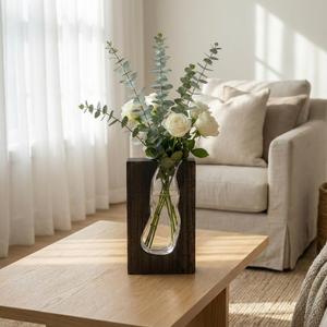 Wood and Glass Vase for Flowers - Handcrafted Solid Wood Glass Vase, Rustic Farmhouse Table Centerpiece, Artistic Wooden Vases for Home Decor Living Room (Large - Slim (9.5" H x 5.7" W))