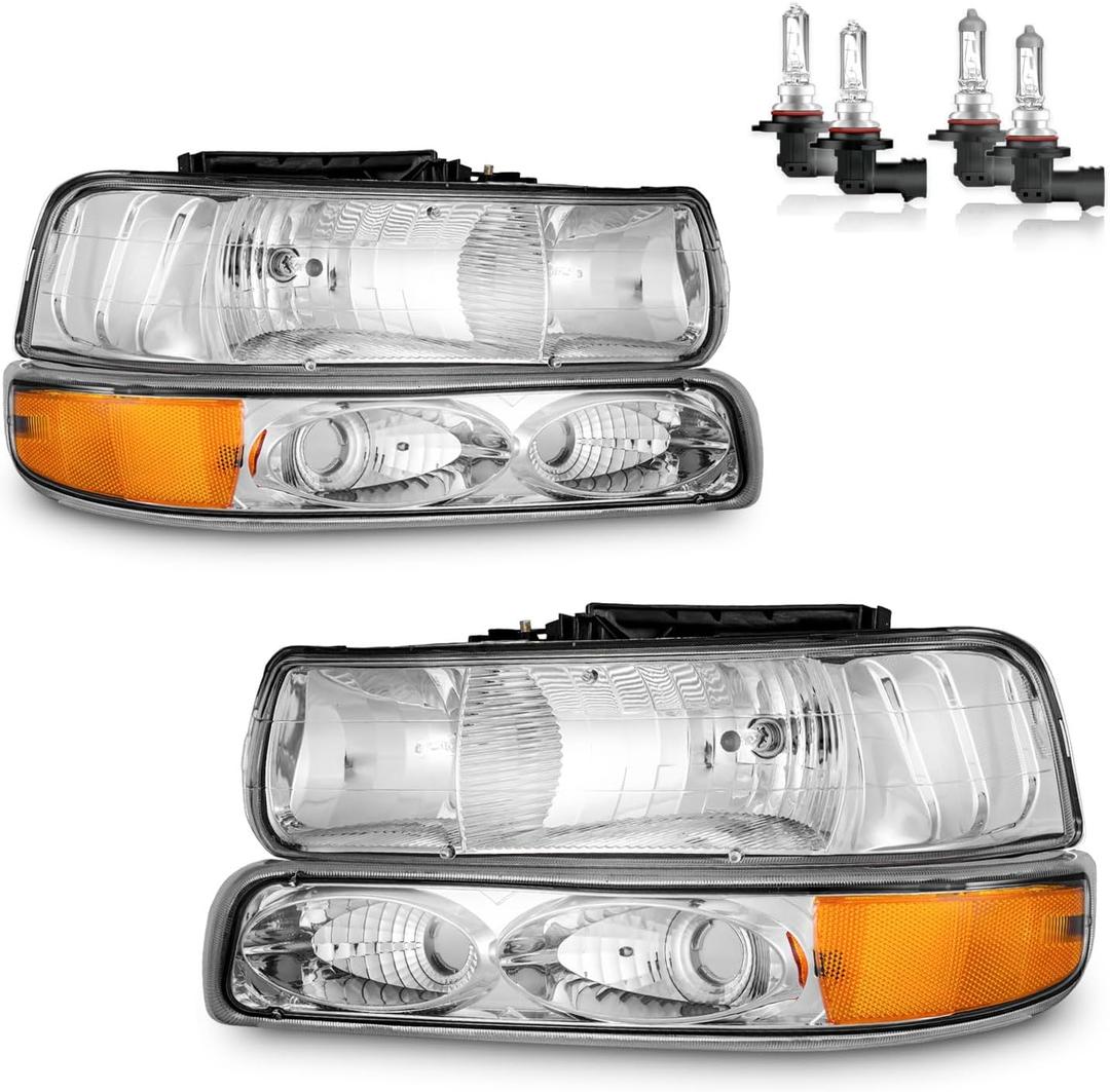 Headlights Assembly for 99-02 Chevy Silverado 1500 2500; for 01-02 Silverado 1500HD 2500HD 3500HD; for 00-06 Tahoe Suburban Headlight+Bumper Parking Turn Signal Marker Light with Bulbs (Polished Chrome | With High & Low Beam Bulbs)