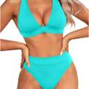 Yonique Thong Bikini Set High Waisted Two Piece Swimsuit High Cut Bikini V Neck Bathing Suit (M)
