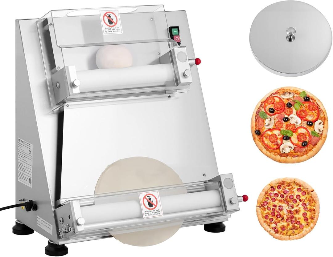 VEVOR Pizza Dough Roller Sheeter, 3-16 Inch Semi-automatic Stainless Steel Pizza Press, Commercial Electric 390W Pasta Maker Machine, 260 pcs Per Hour, Adjustable Thickness, with Dough Press Lid
