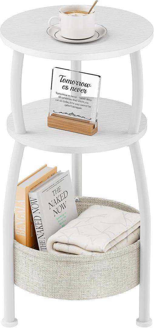 Small Round Side Table for Living Room with Storage Basket Small Space Saving End Table 3-Tier Nightstand Couch Corner Stand Bedroom, Garden and More 24in Tall Matte White (11.81" Dia)