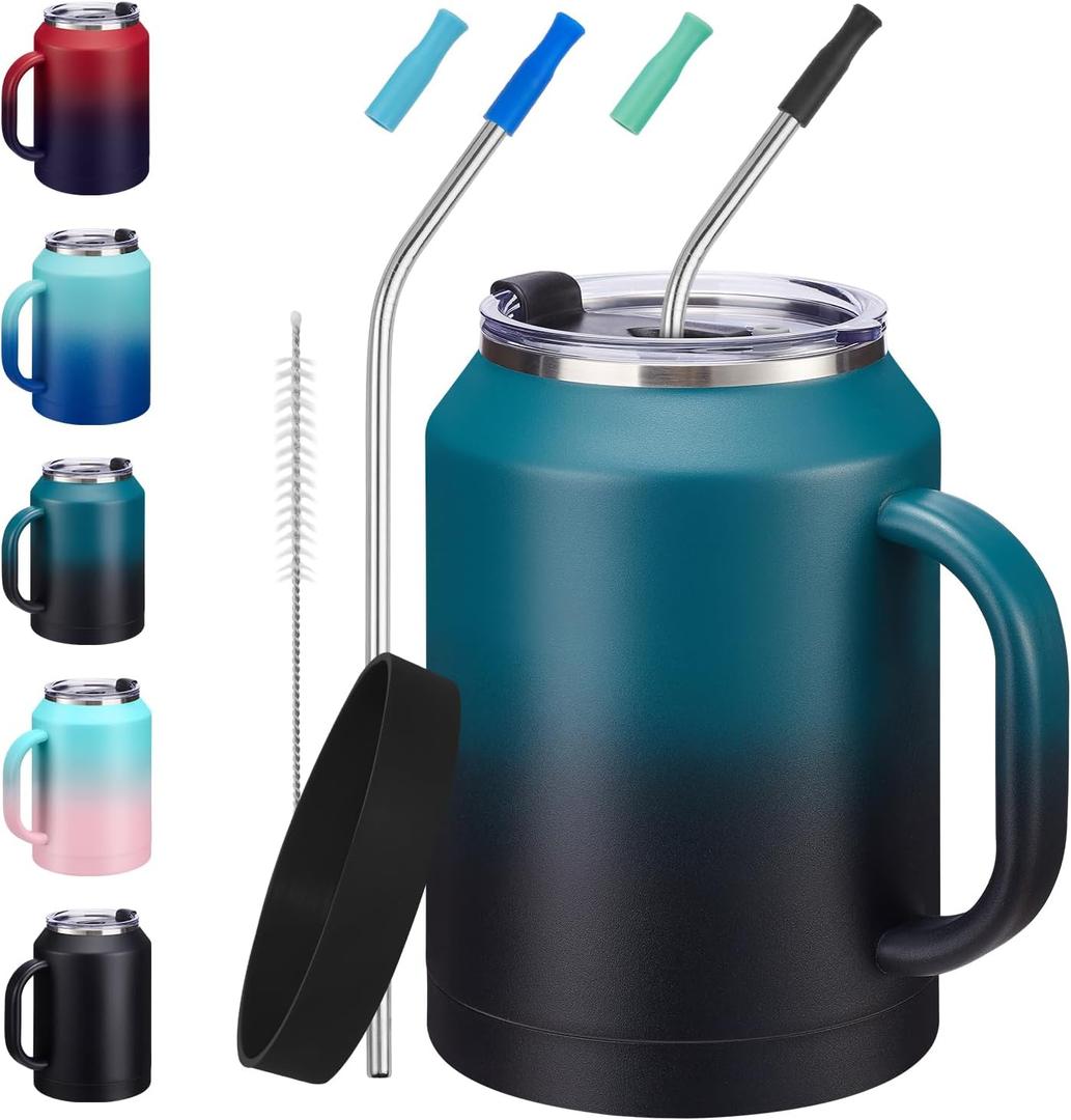 50 oz Mug Tumbler with Handle and Straw - 2-in-1 Lid, Silicone Water Bottle Boot, Stainless Steel Coffee Mugs, Double Wall Insulated Water Cup Keep Cold-36H Hot-24H, 50oz Large Tumbler Jug (Indigo Black)