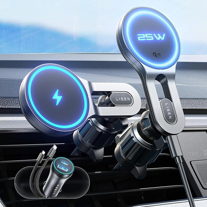LISEN for Qi2.2 25W MagSafe Car Mount Charger, Valentines Day Gifts [Stable & Fast Charging] Magnetic Wireless Car Charger, Car Phone Holder Charger Fits iPhone 17 Pro Max Plus Air 16/15/14/13/12