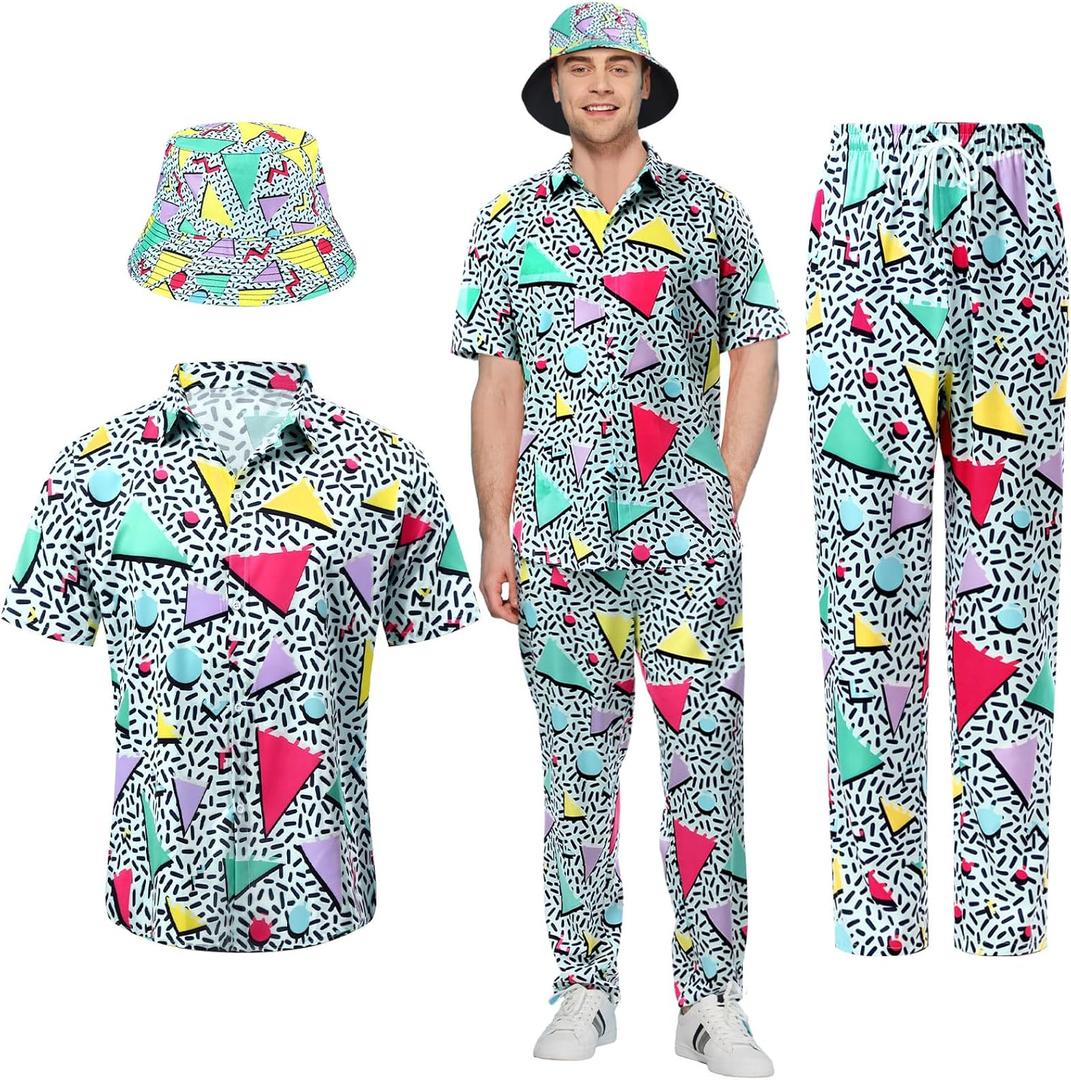 2 Pcs Men's 80s 90s Outfit Retro Shirts and Loose Pant Set Bucket Hats 80s Mens Outfit for Party Hawaiian Beach (Green), Large