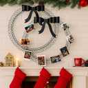 2 Pcs Christmas Photo Holder Display 17" Metal Wreath Xmas Card Holder Display Wall Hanging Decoration with Bow Wire Loop for Greeting Card Picture Insert Holiday Wall Decor(Silver)