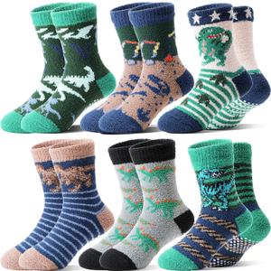 Kids Boys Toddlers Fuzzy Slipper Socks with Grips Non Slip Warm Fluffy Winter Thick Fun Cozy Hospital Socks 6 Pairs (4-7 Years, Dinosaur)