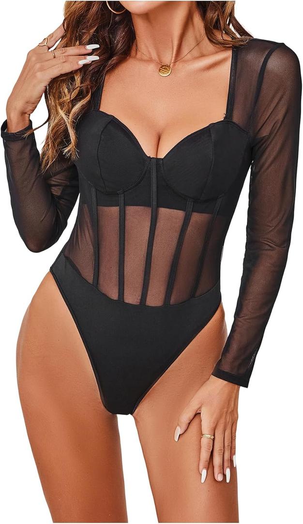 SweatyRocks Women's Sheer Floral Lace Long Sleeve Bodysuit Tops Sweetheart Neck Jumpsuit (Medium)