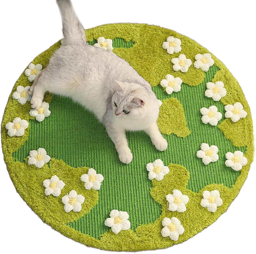 31 x 31 Inch 3D Garden Cat Scratcher Mat, Flower Sisal Cat Scratch Pad, Floor Cat Scratching Pads Rug for Indoor Cats, Protector for Wall&Carpets&Sofas, Green Moss Cat Claw Pad (White Flowers)