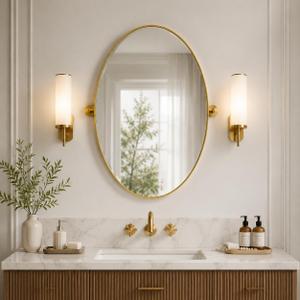 HMANGE Gold Pivot Mirror, 20 x 28 Inch Oval Bathroom Mirror for Wall, Tilting Metal Framed Vanity Mirror Over Sink, Decorative Wall Mirror for Entryway Bedroom Living Room