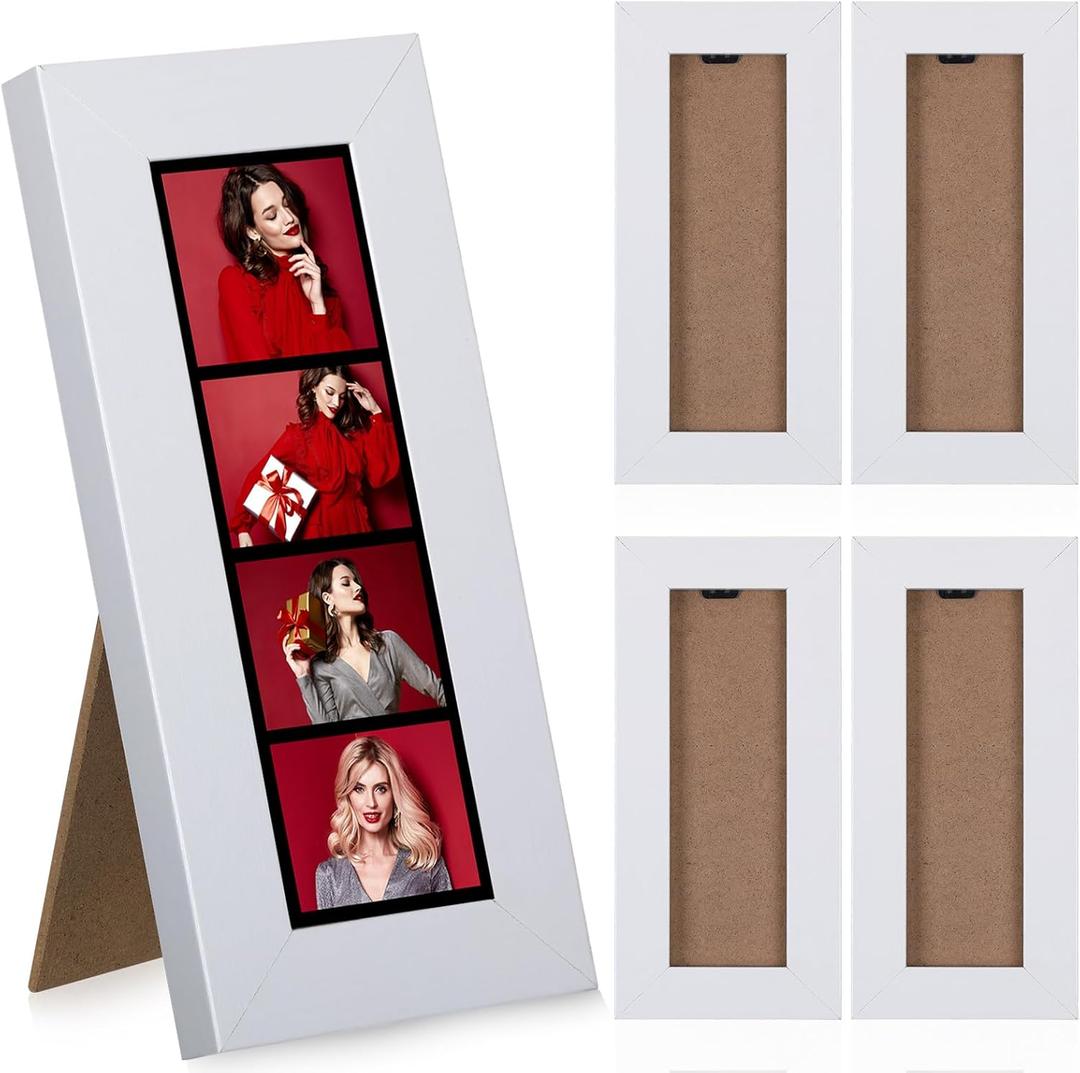 4 Pack Photo Booth Frames 2x6 Photo Strip Frame with Stand Wooden Wall and Tabletop Display Film Picture Holder with Clear Glass for Wedding Grad Baby Shower Picture Booth (White)