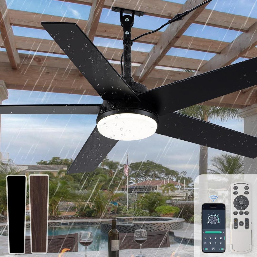 Bella Depot 48" Outdoor Ceiling Fan Black Waterproof Gazebo Fan with Light Smart App Remote Control Hanging Fan for Outside Patios Pergola Tent Plug-in Design Adjustable Brightness (48"- Black)