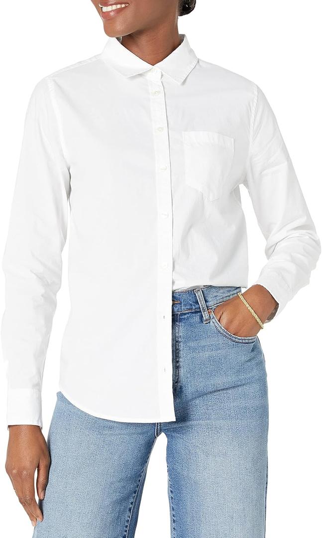 Amazon Essentials Women's Regular-Fit Long-Sleeve Button-Down Poplin Shirt, Business Casual, Office Work (White, S)