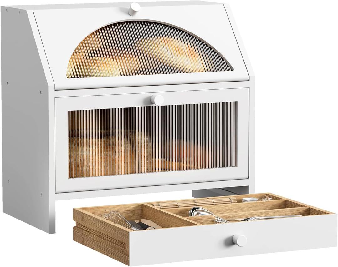 BMOSU Bread Box for Kitchen Countertop Corner Bread Box Bamboo Extra Large Double Layer Bread Storage Bin with Silverware Drawer Organizer (1Frosted Door)