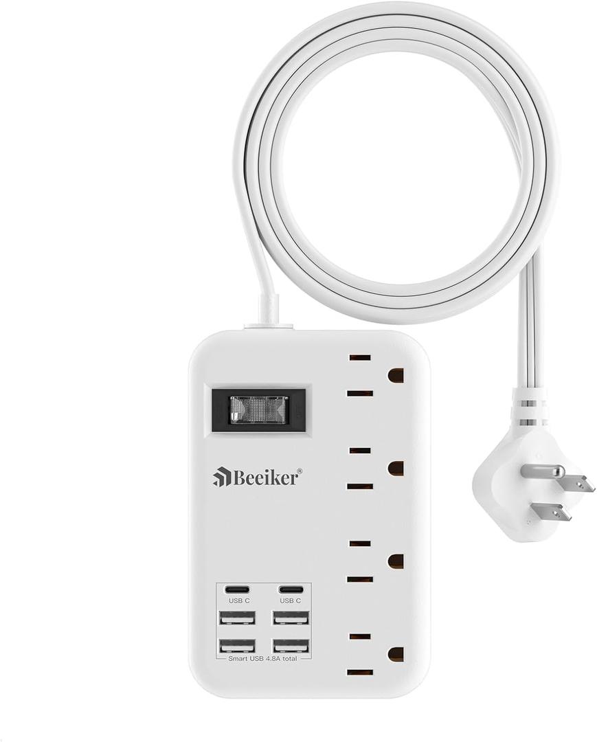 6 USB(2 USB C) Travel Power Strip- Flat Plug Extension Cord 3 Feet with 4.8A 24W USB Charging Station and 4 Outlets, 3 FT Short Extension Cord Portable for Travel Cruise Office College Dorm