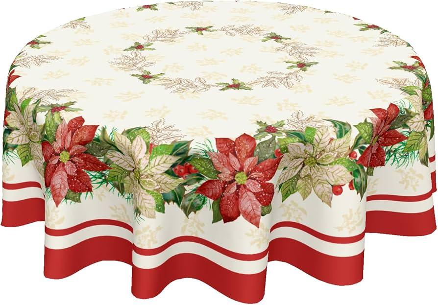Kawani Christmas Round Tablecloth 55 Inch Red and White Christmas Floral Leaves Table Cloth Winter Xmas Farmhouse Polyester Table Cover for Holiday Kitchen Dining Room Party Indoor Outdoor Decor