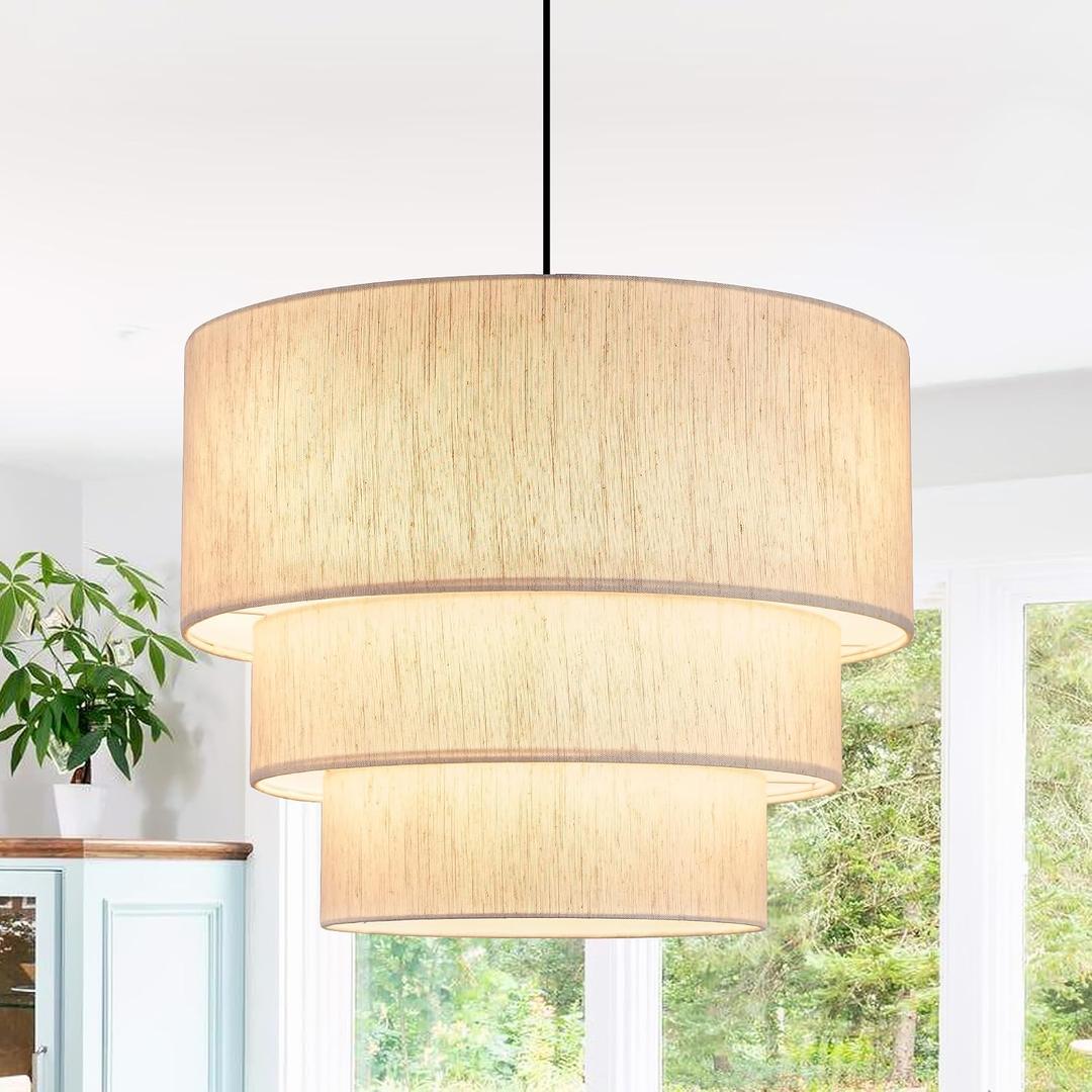 19.7" Linen Drum Pendant Light, Drum Light Chandelier Pendant Lights Kitchen Island Lighting, 3 Tier Large Farmhouse Pendant Hanging Light Dining Room Pendant Chandelier for Foyer Hallway