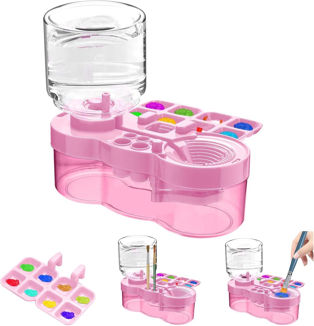 2025 Upgraded Paint Brush Cleaner Tool,Washing My Brush,Universal Crafts Water Cycle Watercolor Brushes Rinse Dispenser with Holder and Palette,Painting Art Supplies for Artist Beginner Kid (Pink)