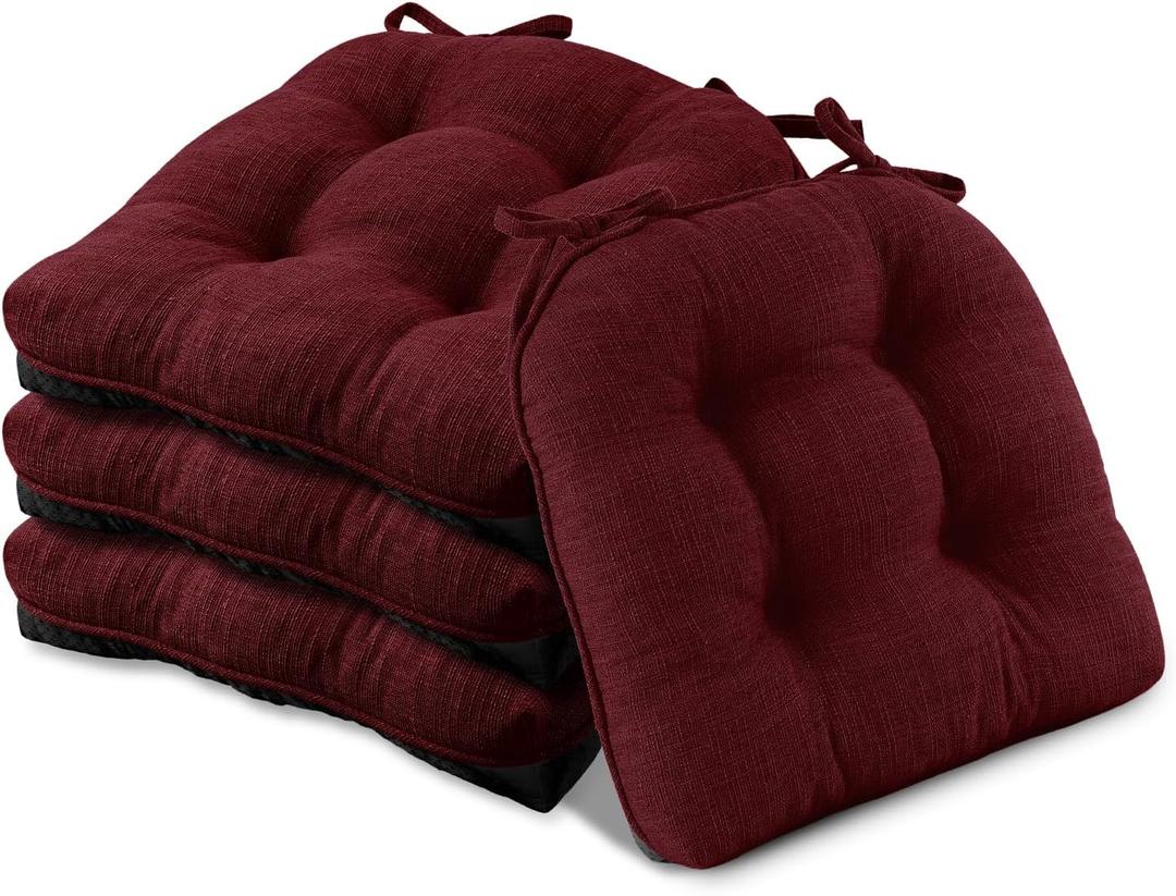 Basic Beyond Chair Cushions for Dining Chairs 4 Pack, Chair Cushion with Ties and Non Slip Backing, 15.5 x 15.5 inches Tufted Chair Pads for Dining Chairs(Dark Red)