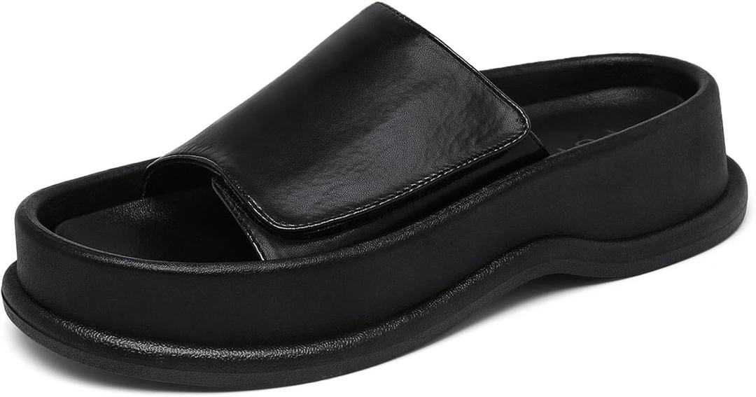 Putu Women's Platform Slide Sandals Open Toe Sandals Comfort Slides Slip On Black Size 9 (Black)
