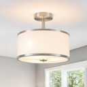 BUXVRCS Semi Flush Mount Ceiling Light Fixture, 3-Light Drum Lighting Fixtures, Hallway Light Fixture Ceiling Mount with Fabric Shade, Close to Ceiling Light for Bedroom Bathroom (Brushed Nickel)