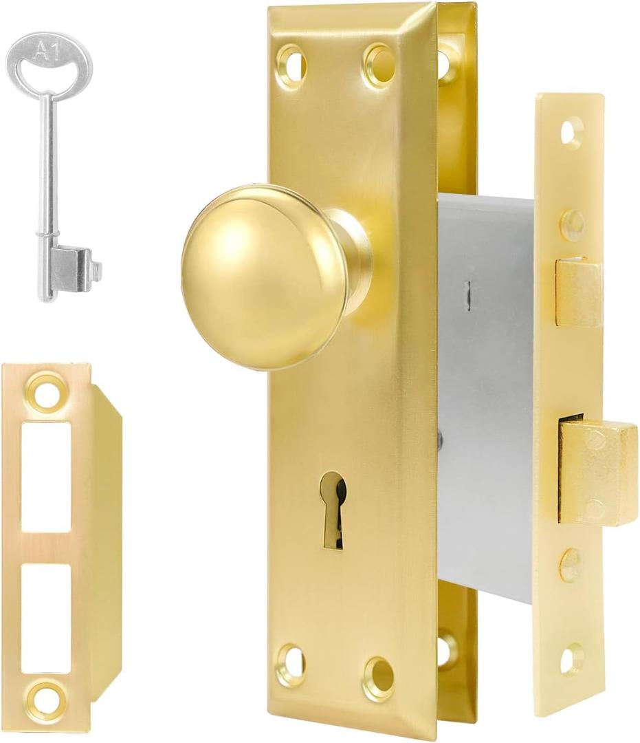 Vintage Door Knob with Lock for Interior Doors Polished Gold, Antique Brass 1 Pack Mortise Lock Set, Old Fashioned Bathroom & Bedroom with Skeleton Key for Old House Doors